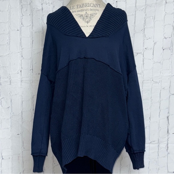Navy Blue Knit Flowy Sweater with Hood - Picture 1 of 5